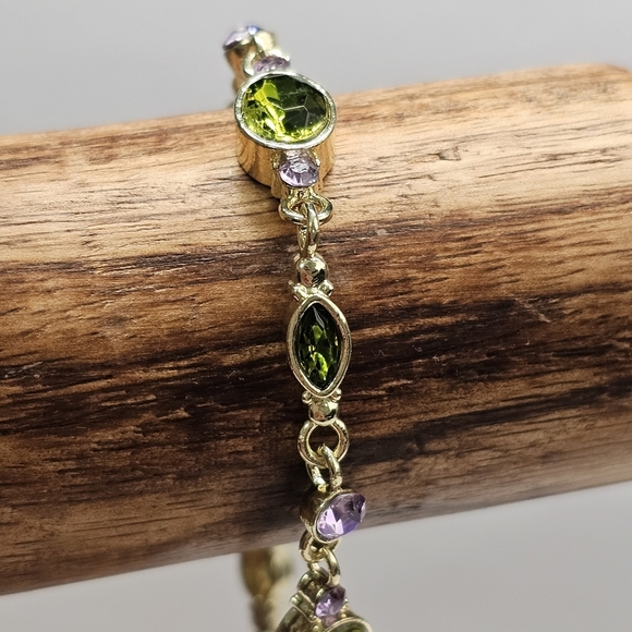 Vintage Style Green & Purple CZ Gold Tone Fashion Bracelet - Picture 6 of 11